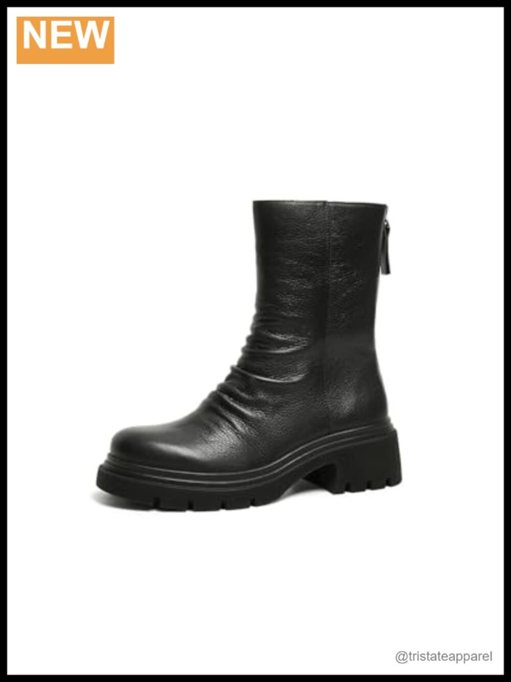 Women's Leather Mid-Calf Slouch Boot with Ruched Shaft, Low Heel Platform, Back